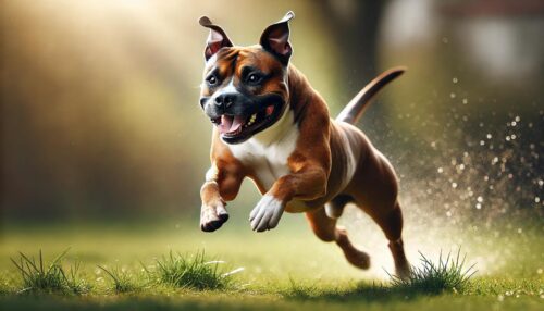 American Staffordshire Terrier corre nel prato
