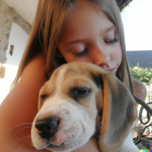 beagle cucciolo affettuoso con bambina bionda