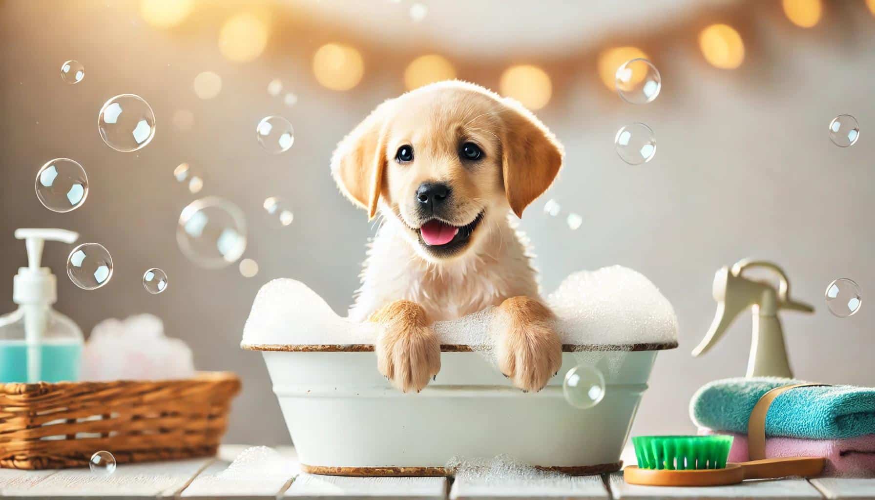 Cucciolo di labrador che fa il bagno