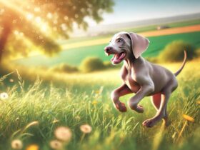 Weimaraner corre nel prato